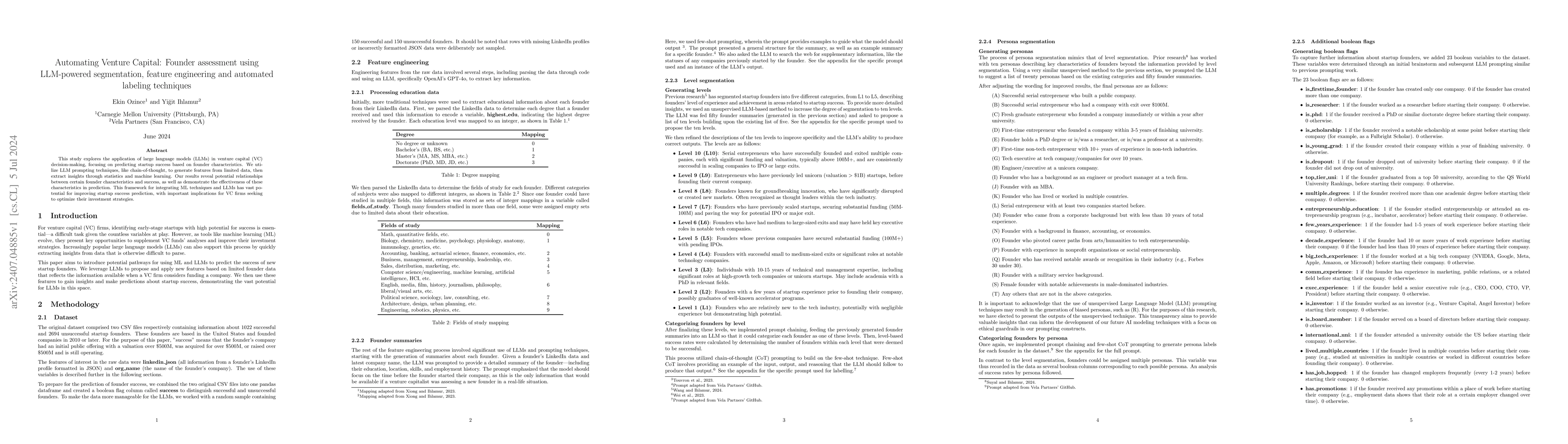 Thumbnail for Automating Venture Capital: Founder assessment using LLM-powered
  segmentation, feature engineering and automated labeling techniques