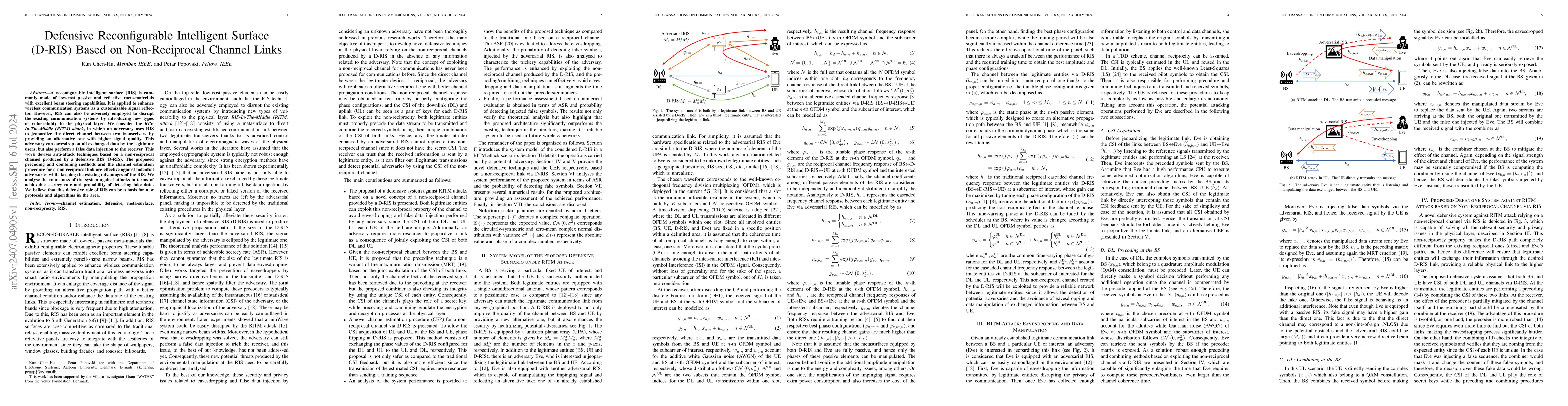 Thumbnail for Defensive Reconfigurable Intelligent Surface (D-RIS) Based on
  Non-Reciprocal Channel Links