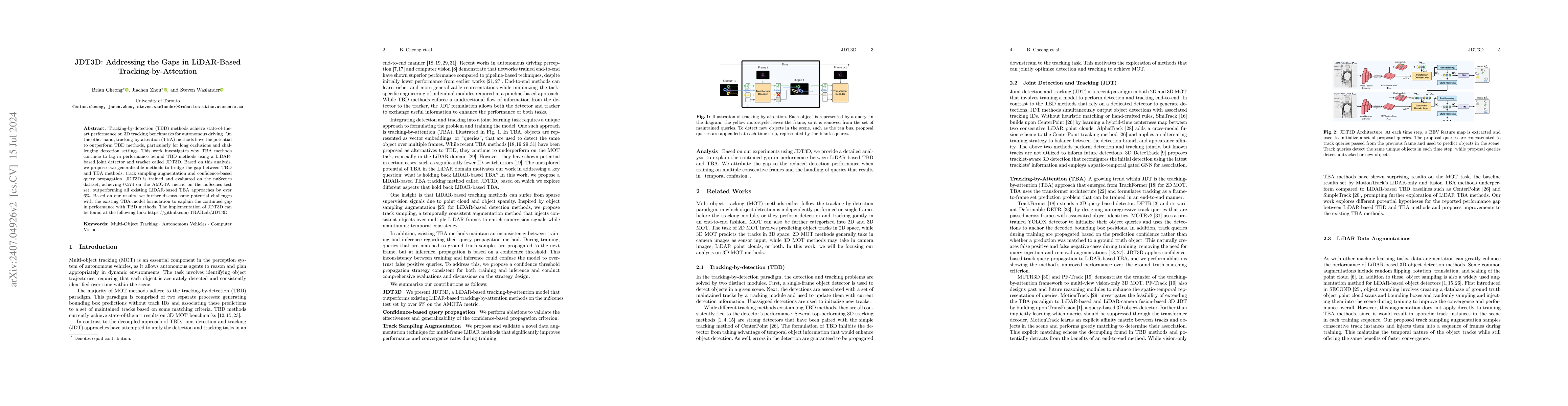 Thumbnail for JDT3D: Addressing the Gaps in LiDAR-Based Tracking-by-Attention
