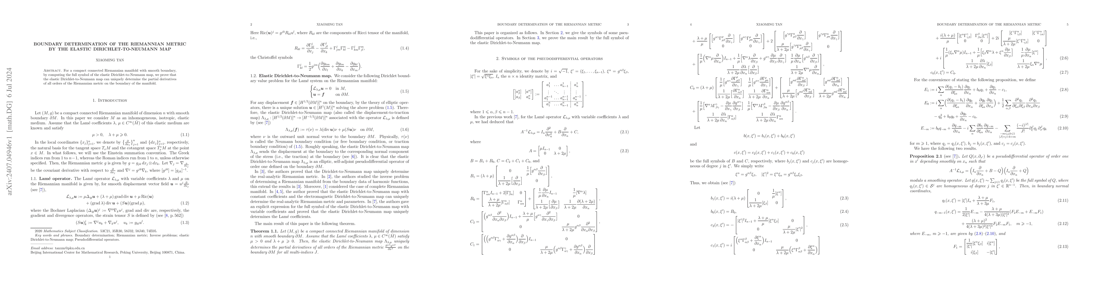 Thumbnail for Boundary determination of the Riemannian metric by the elastic
  Dirichlet-to-Neumann map