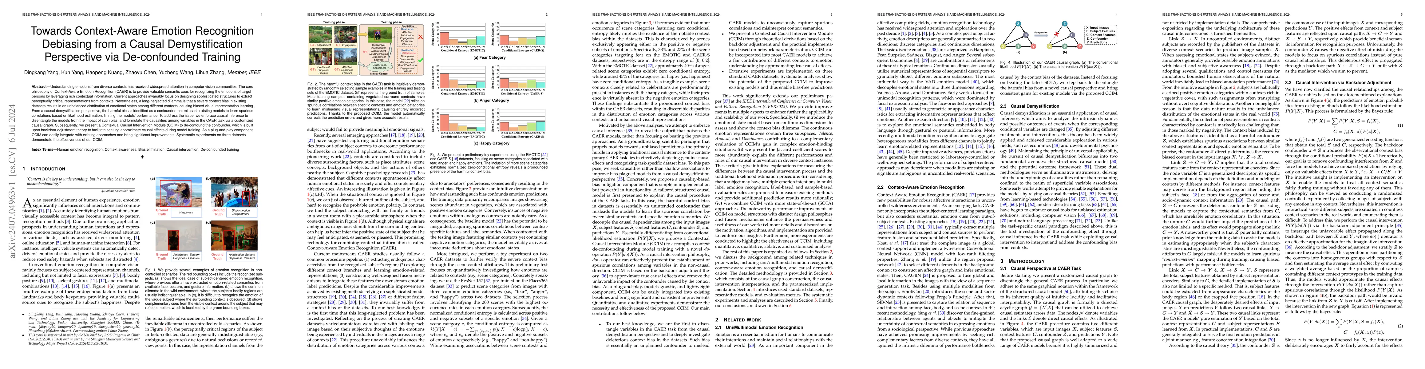 Thumbnail for Towards Context-Aware Emotion Recognition Debiasing from a Causal
  Demystification Perspective via De-confounded Training