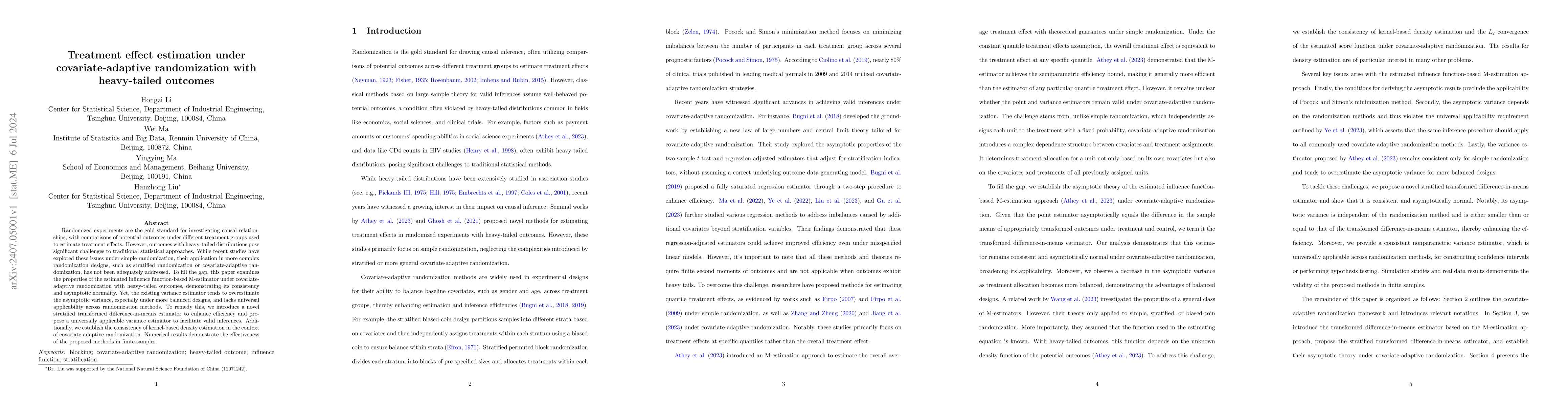 Thumbnail for Treatment effect estimation under covariate-adaptive randomization with
  heavy-tailed outcomes