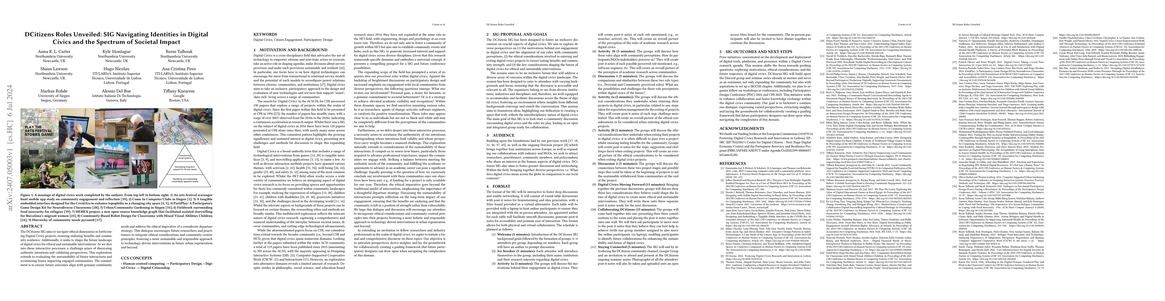 Thumbnail for DCitizens Roles Unveiled: SIG Navigating Identities in Digital Civics
  and the Spectrum of Societal Impact