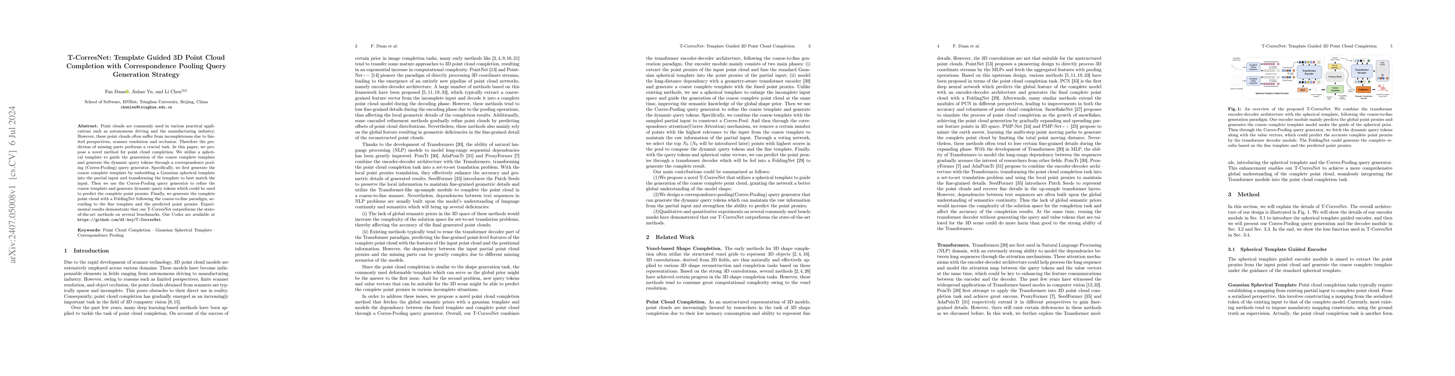 Thumbnail for T-CorresNet: Template Guided 3D Point Cloud Completion with
  Correspondence Pooling Query Generation Strategy