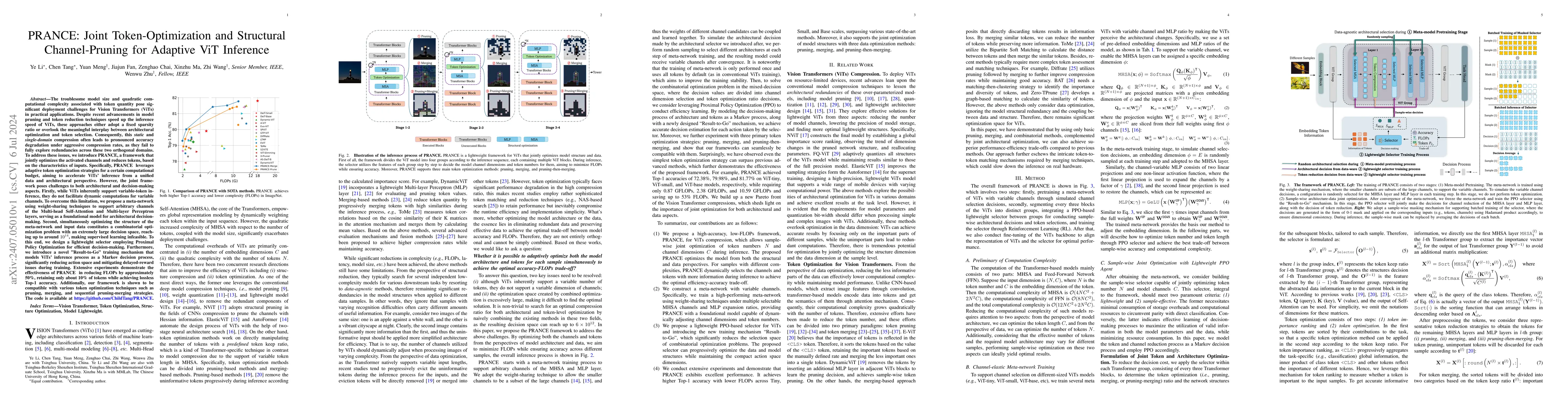 Thumbnail for PRANCE: Joint Token-Optimization and Structural Channel-Pruning for
  Adaptive ViT Inference
