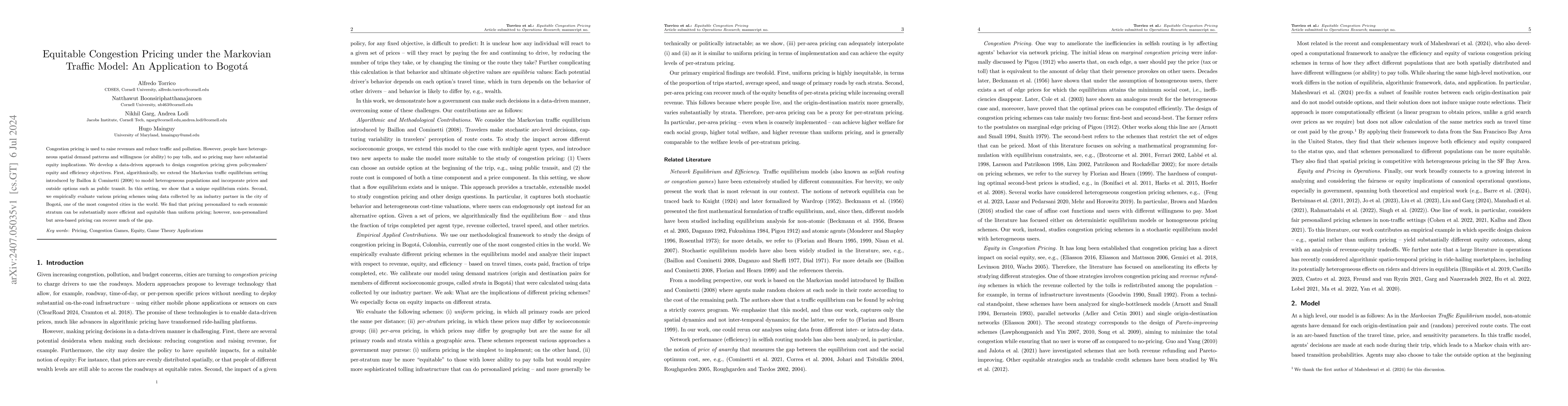 Thumbnail for Equitable Congestion Pricing under the Markovian Traffic Model: An
  Application to Bogota
