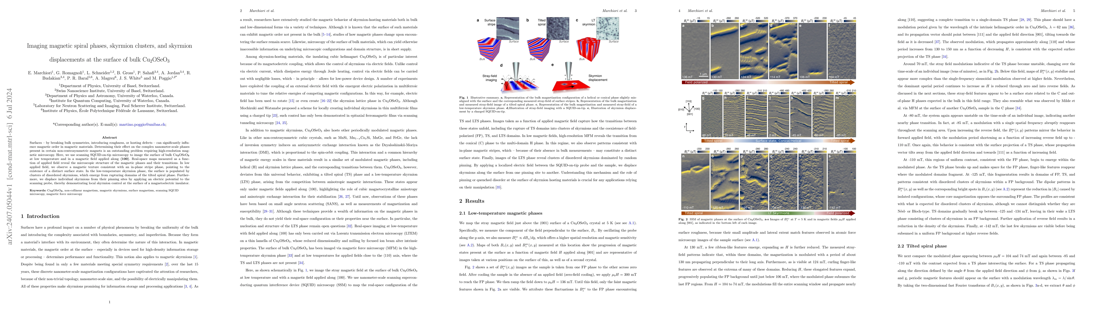 Thumbnail for Imaging magnetic spiral phases, skyrmion clusters, and skyrmion
  displacements at the surface of bulk Cu$_2$OSeO$_3$