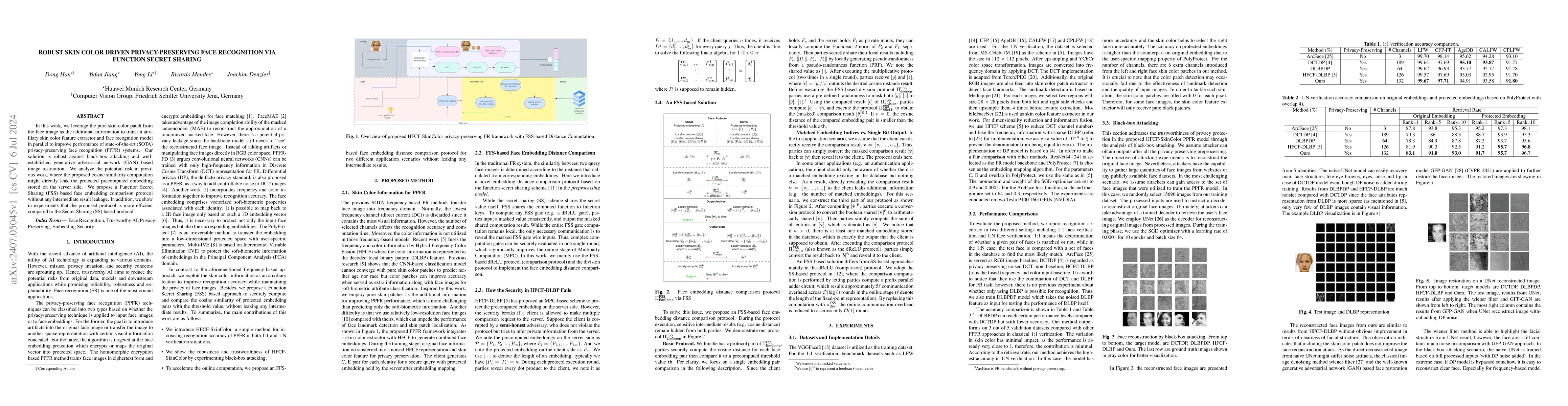 Thumbnail for Robust Skin Color Driven Privacy Preserving Face Recognition via
  Function Secret Sharing