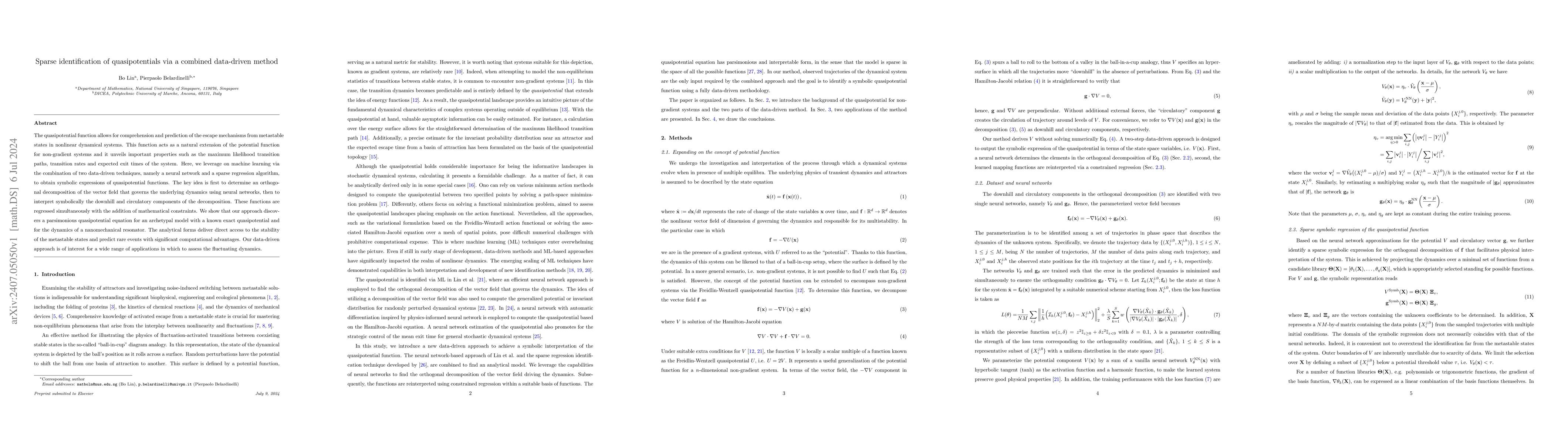 Thumbnail for Sparse identification of quasipotentials via a combined data-driven
  method