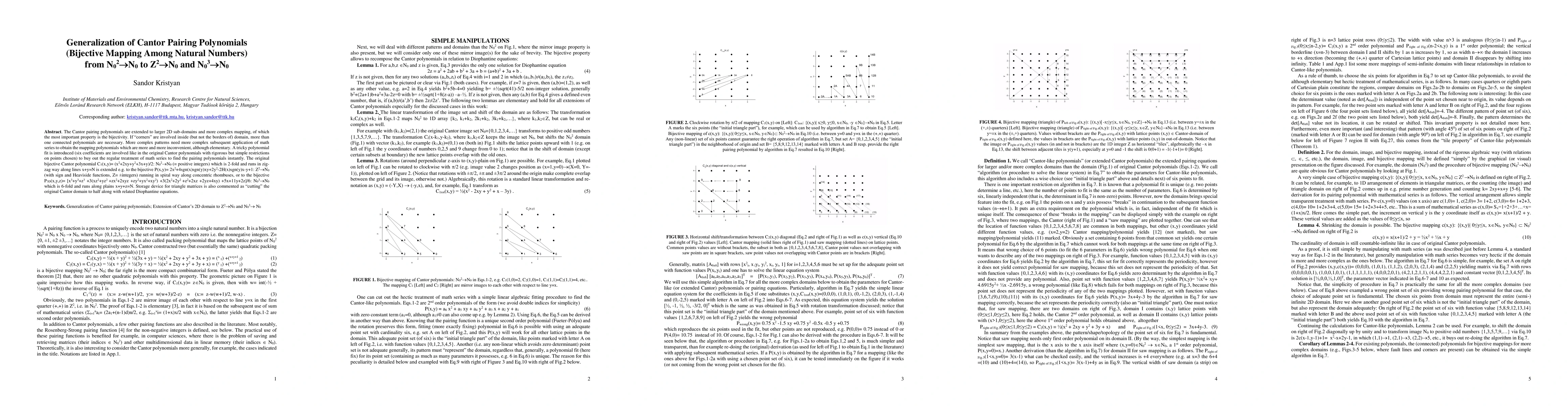 Thumbnail for Generalization of Cantor Pairing Polynomials (Bijective Mapping Among
  Natural Numbers) from N02 to N0 to Z2 to N0 and N03 to N
