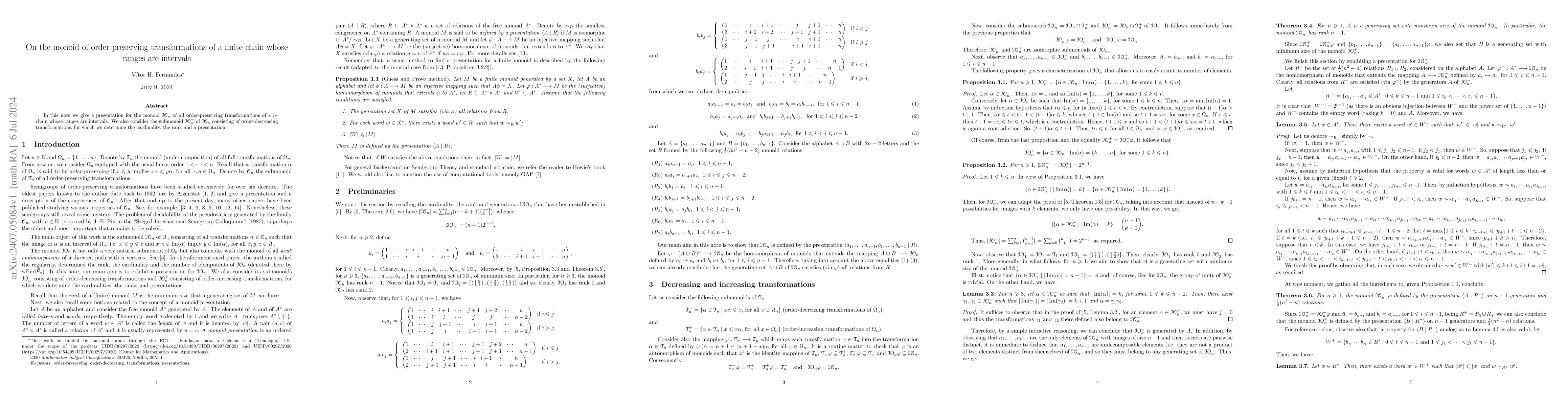 Thumbnail for On the monoid of order-preserving transformations of a finite chain
  whose ranges are intervals