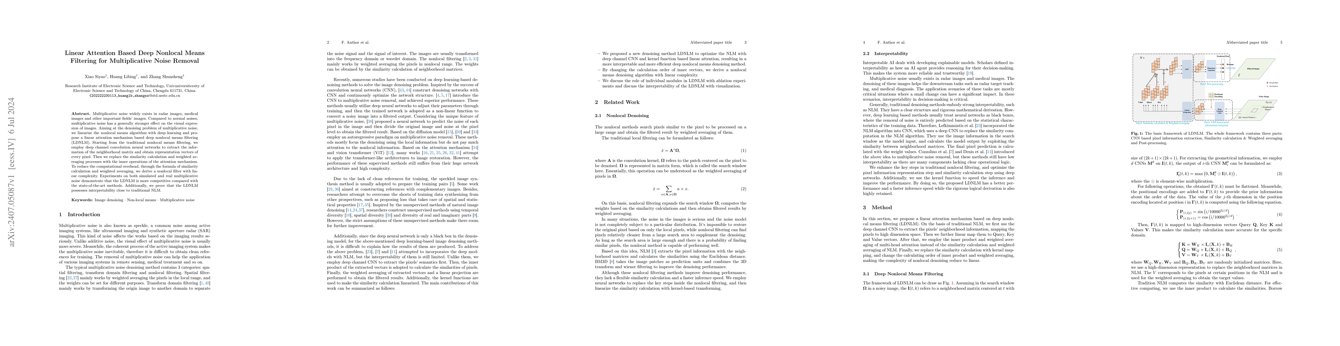 Thumbnail for Linear Attention Based Deep Nonlocal Means Filtering for Multiplicative
  Noise Removal