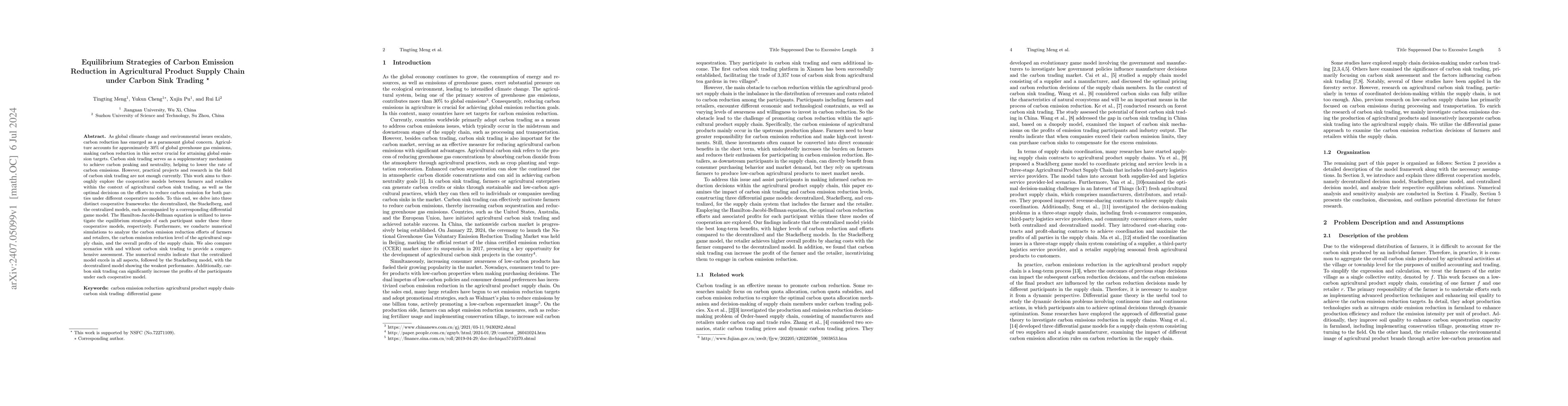 Thumbnail for Equilibrium Strategies of Carbon Emission Reduction in Agricultural
  Product Supply Chain under Carbon Sink Trading
