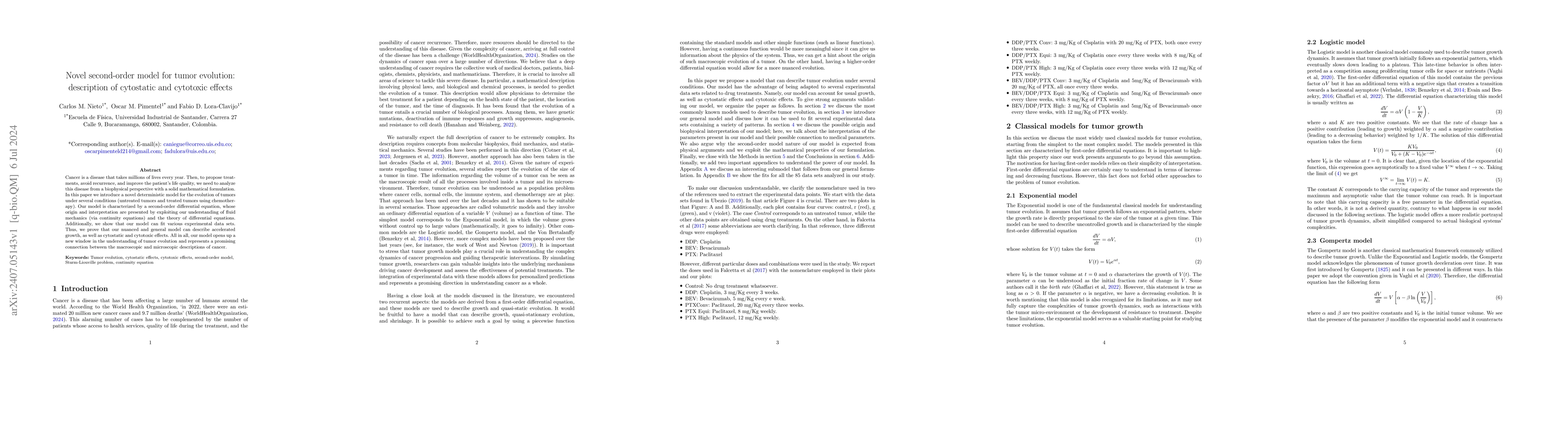 Thumbnail for Novel second-order model for tumor evolution: description of cytostatic
  and cytotoxic effects