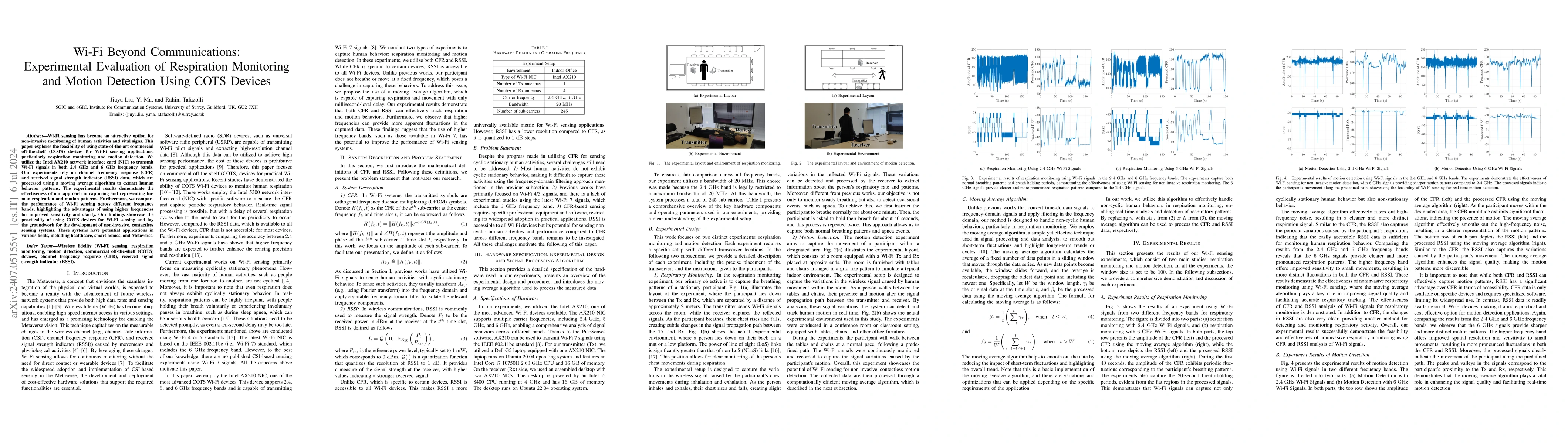 Thumbnail for Wi-Fi Beyond Communications: Experimental Evaluation of Respiration
  Monitoring and Motion Detection Using COTS Devices