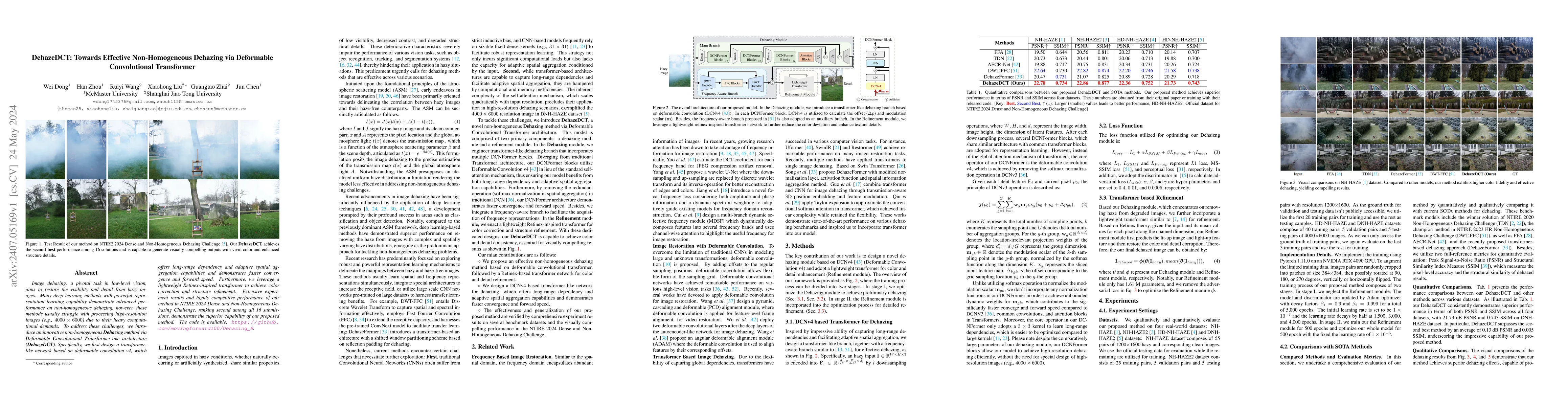 Thumbnail for DehazeDCT: Towards Effective Non-Homogeneous Dehazing via Deformable
  Convolutional Transformer