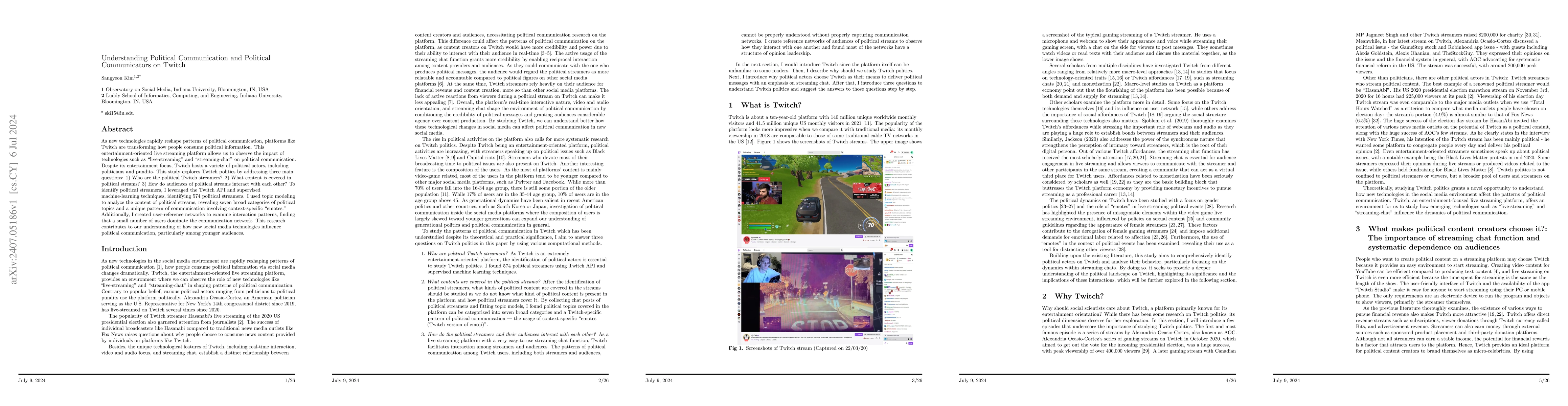 Thumbnail for Understanding Political Communication and Political Communicators on
  Twitch
