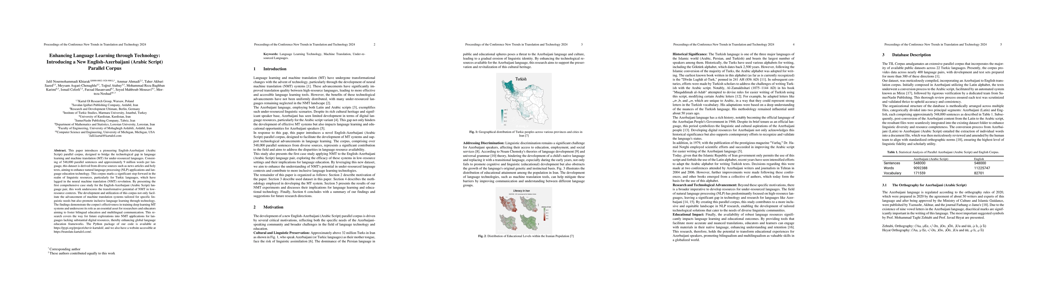 Thumbnail for Enhancing Language Learning through Technology: Introducing a New
  English-Azerbaijani (Arabic Script) Parallel Corpus