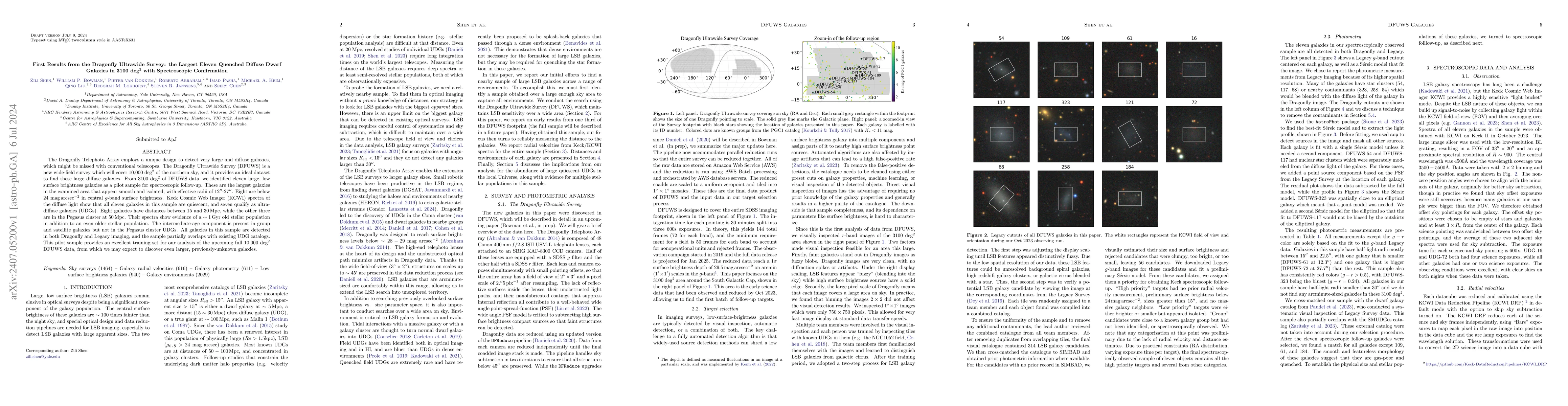 Thumbnail for First Results from the Dragonfly Ultrawide Survey: the Largest Eleven
  Quenched Diffuse Dwarf Galaxies in 3100 deg$^2$ with Spectroscopic
  Confirmation