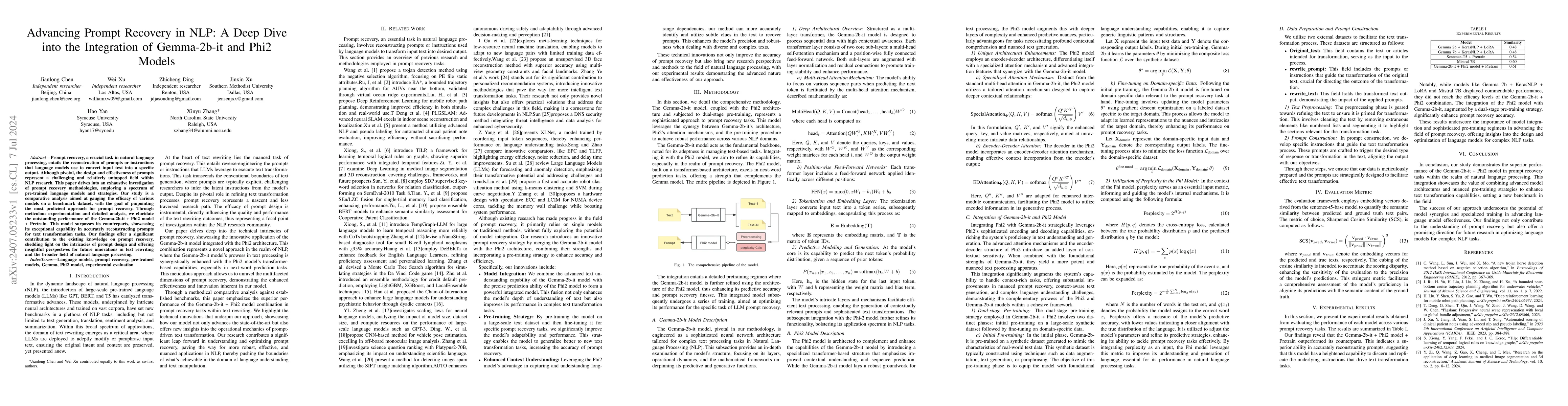 Thumbnail for Advancing Prompt Recovery in NLP: A Deep Dive into the Integration of
  Gemma-2b-it and Phi2 Models