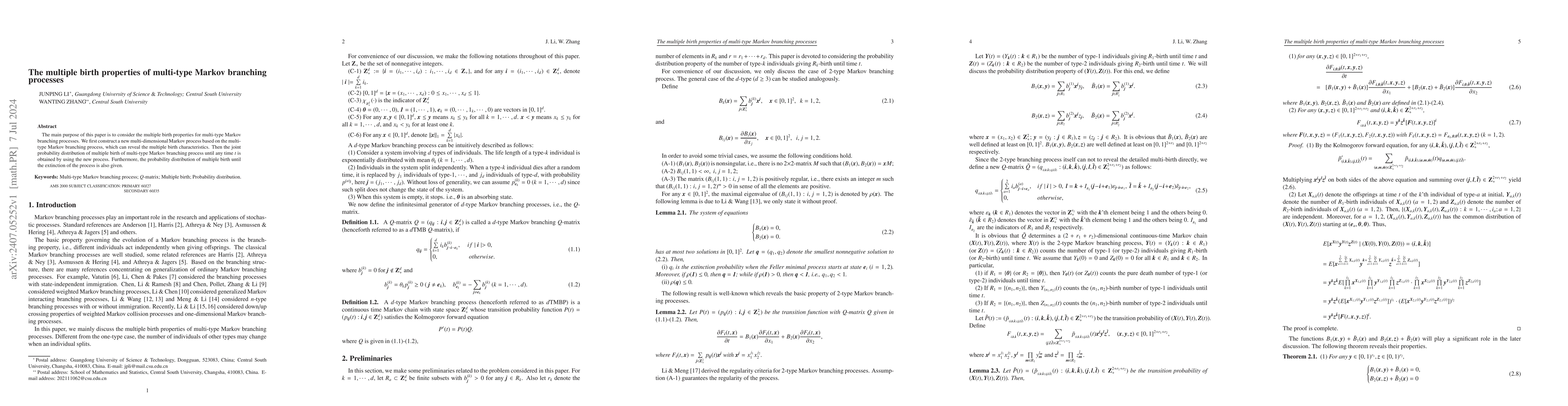 Thumbnail for The multiple birth properties of multi-type Markov branching processes