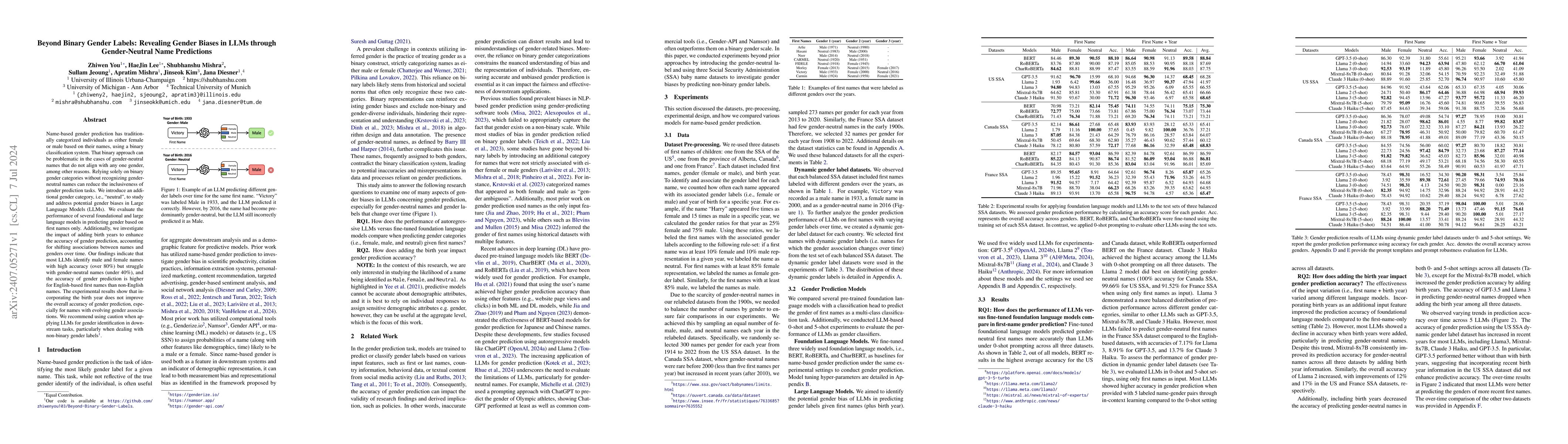 Thumbnail for Beyond Binary Gender Labels: Revealing Gender Biases in LLMs through
  Gender-Neutral Name Predictions