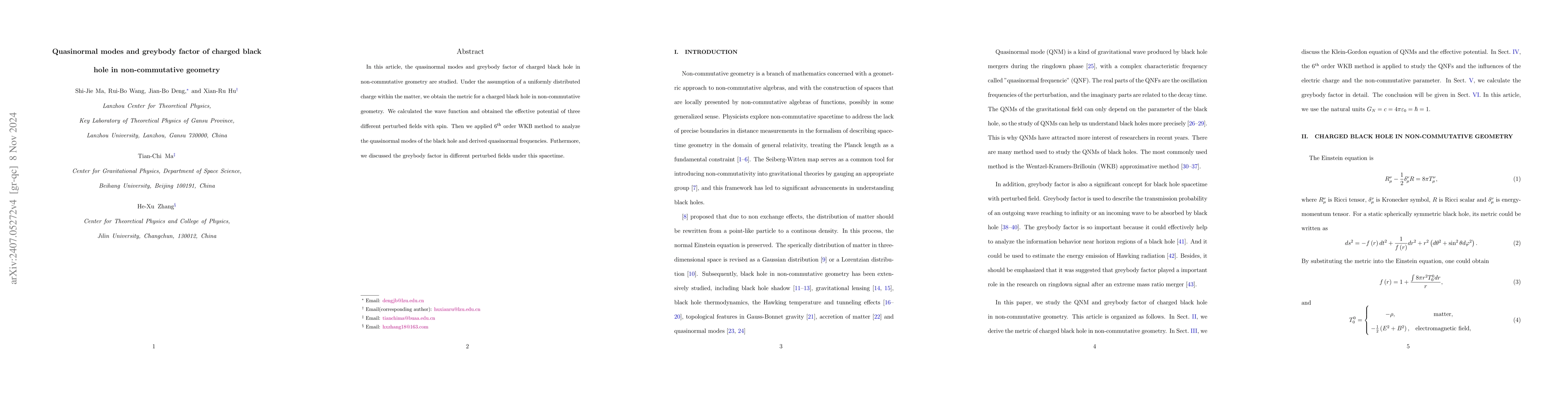 Thumbnail for Quasinormal modes and greybody factor of charged black hole in
  non-commutative geometry