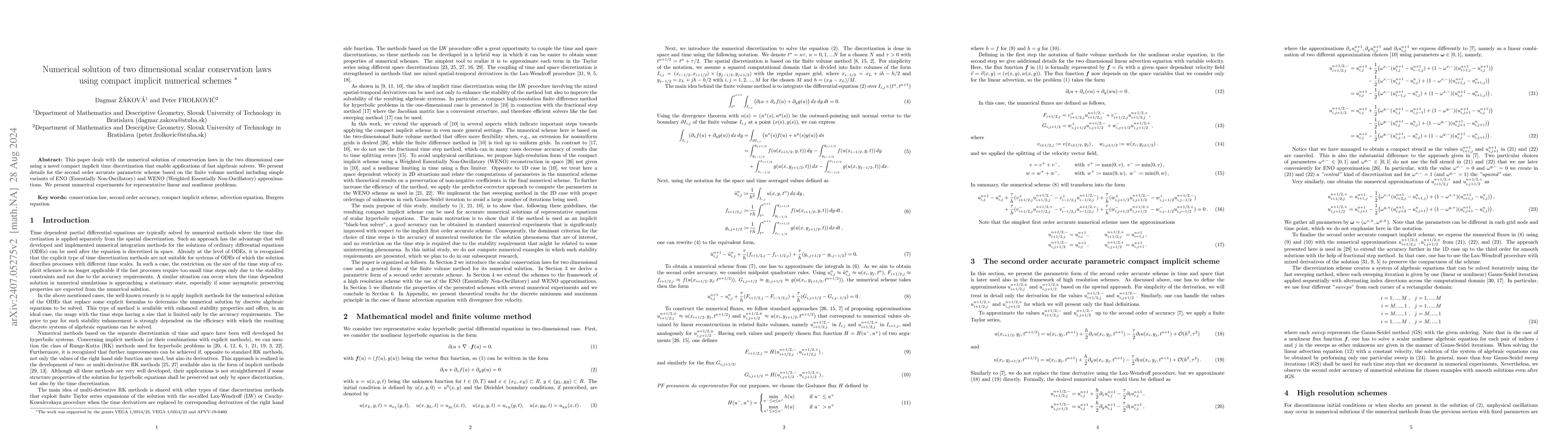 Thumbnail for Numerical solution of two dimensional scalar conservation laws using
  compact implicit numerical schemes
