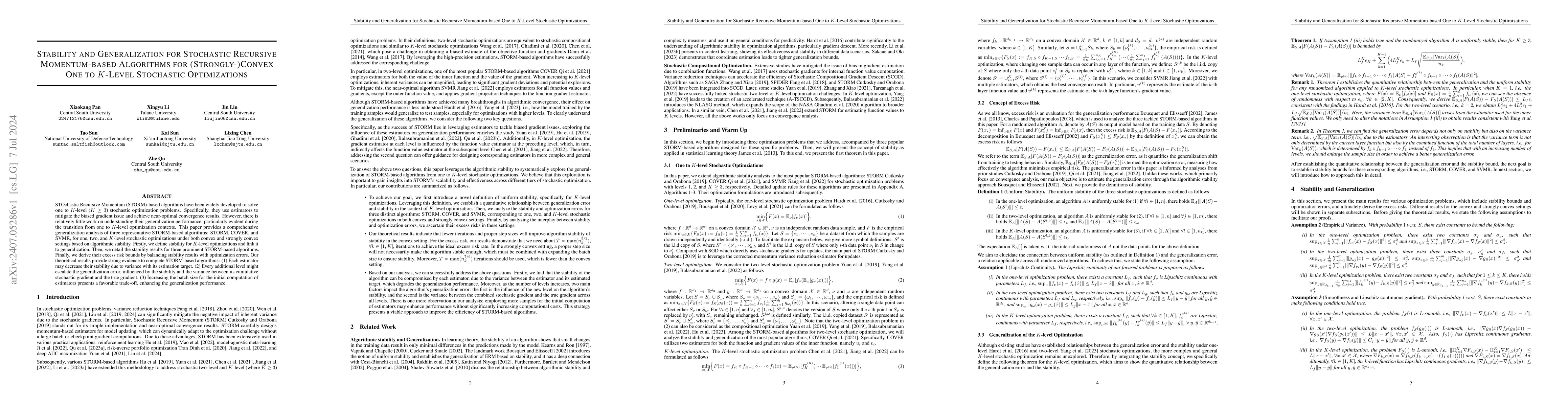 Thumbnail for Stability and Generalization for Stochastic Recursive Momentum-based
  Algorithms for (Strongly-)Convex One to $K$-Level Stochastic Optimizations