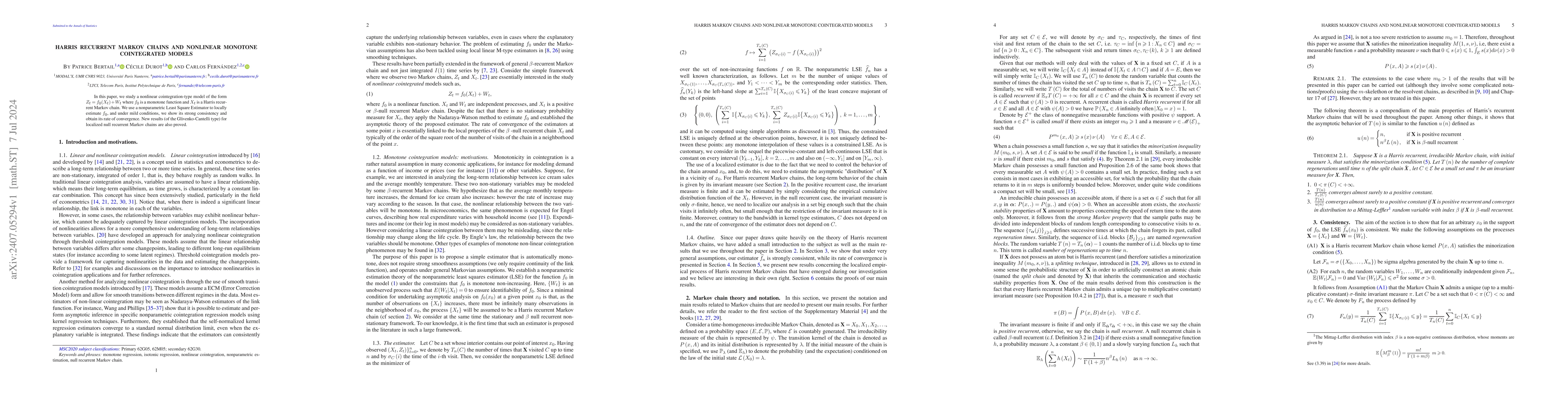 Thumbnail for Harris recurrent Markov chains and nonlinear monotone cointegrated
  models