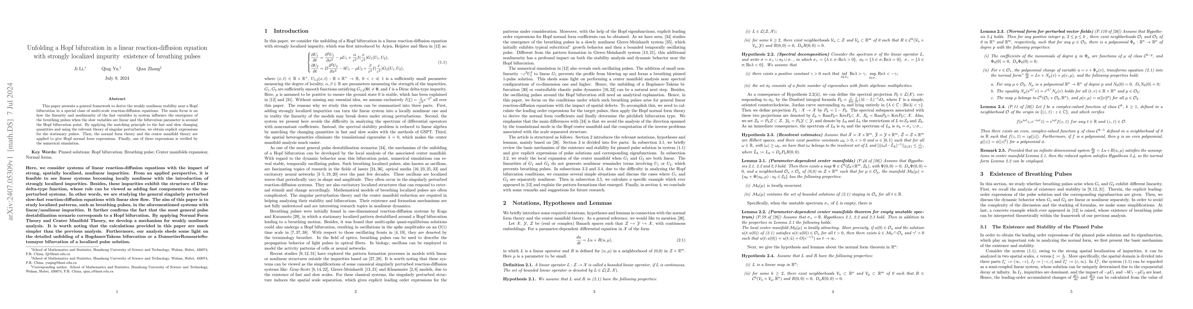 Thumbnail for Unfolding a Hopf bifurcation in a linear reaction-diffusion equation
  with strongly localized impurity existence of breathing pulses