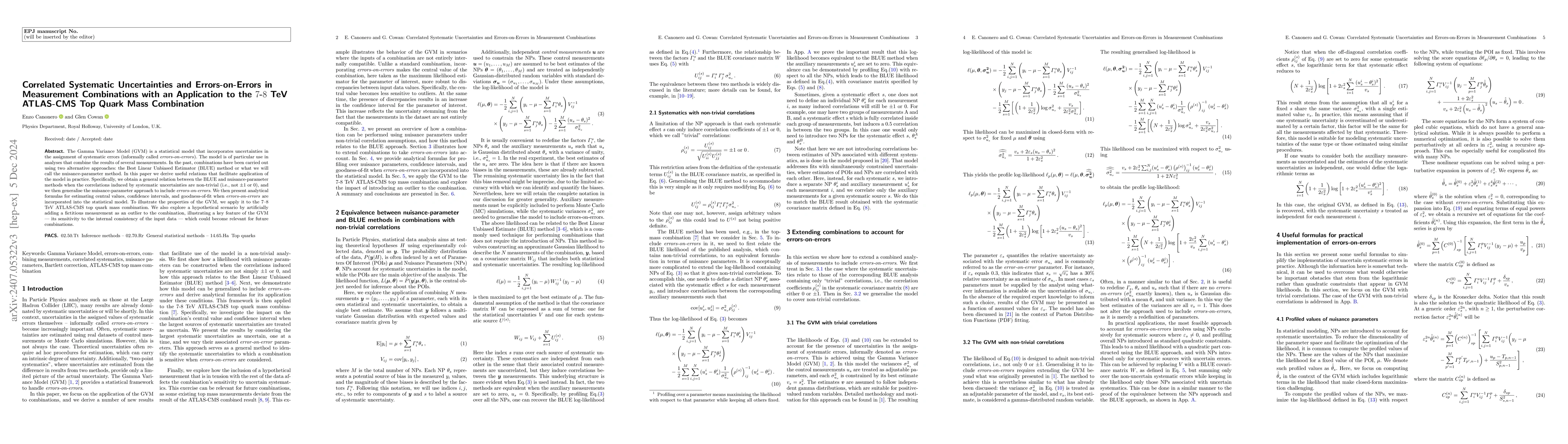 Thumbnail for Correlated Systematic Uncertainties and Errors-on-Errors in Measurement
  Combinations: Methodology and Application to the 7-8 TeV ATLAS-CMS Top Quark
  Mass Combination