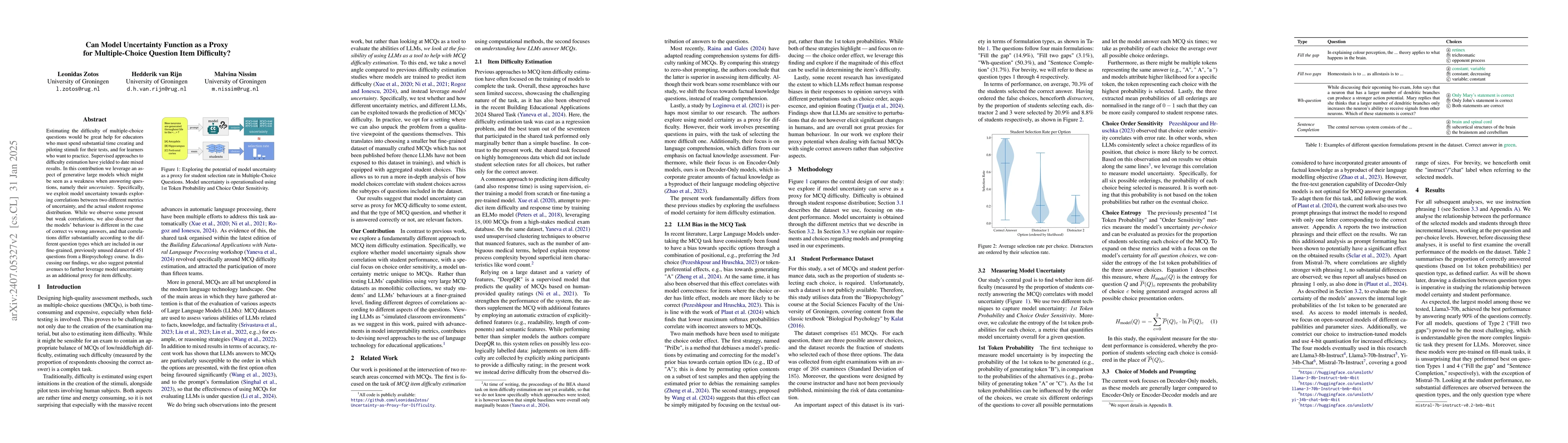 Thumbnail for Can Model Uncertainty Function as a Proxy for Multiple-Choice Question
  Item Difficulty?