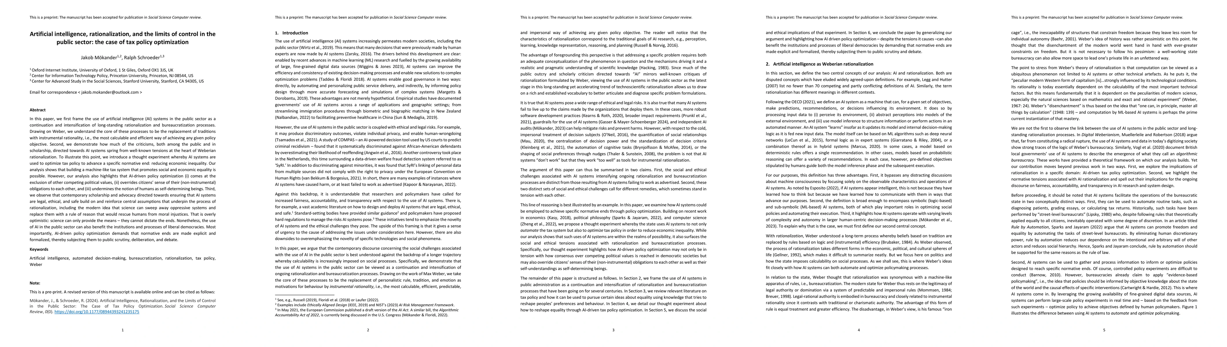 Thumbnail for Artificial intelligence, rationalization, and the limits of control in
  the public sector: the case of tax policy optimization