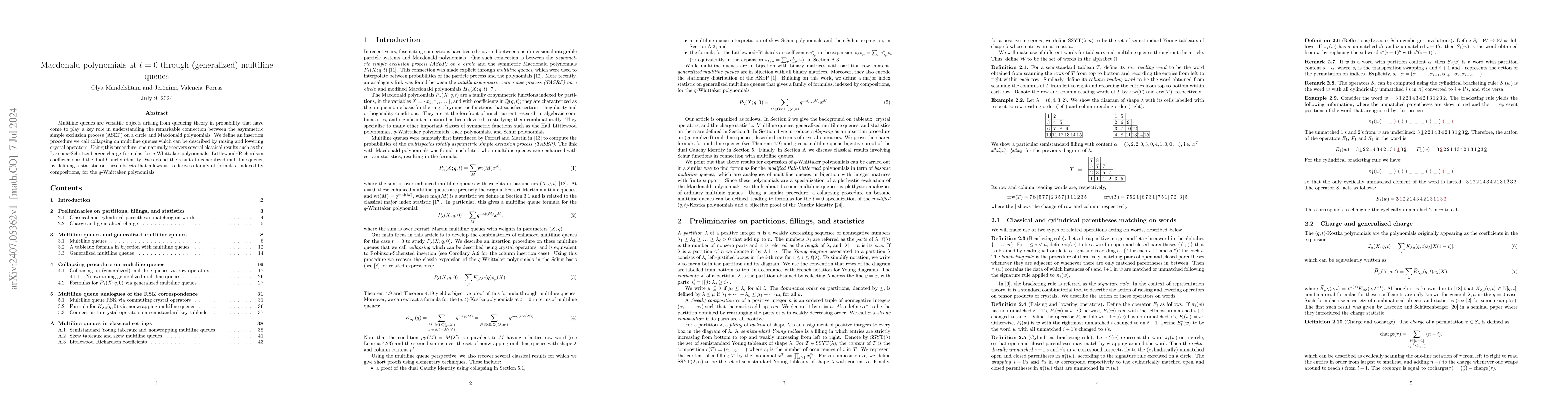 Thumbnail for Macdonald polynomials at t = 0 through (generalized) multiline queues