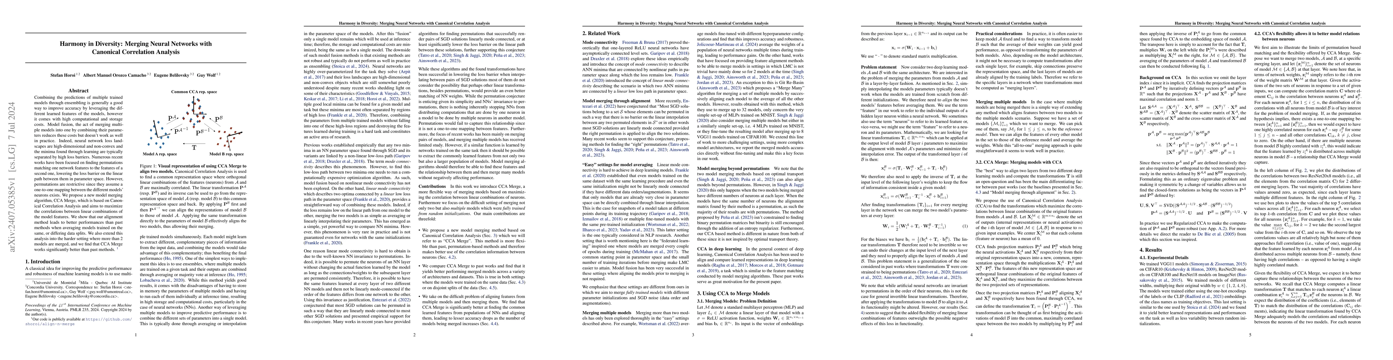 Thumbnail for Harmony in Diversity: Merging Neural Networks with Canonical Correlation
  Analysis