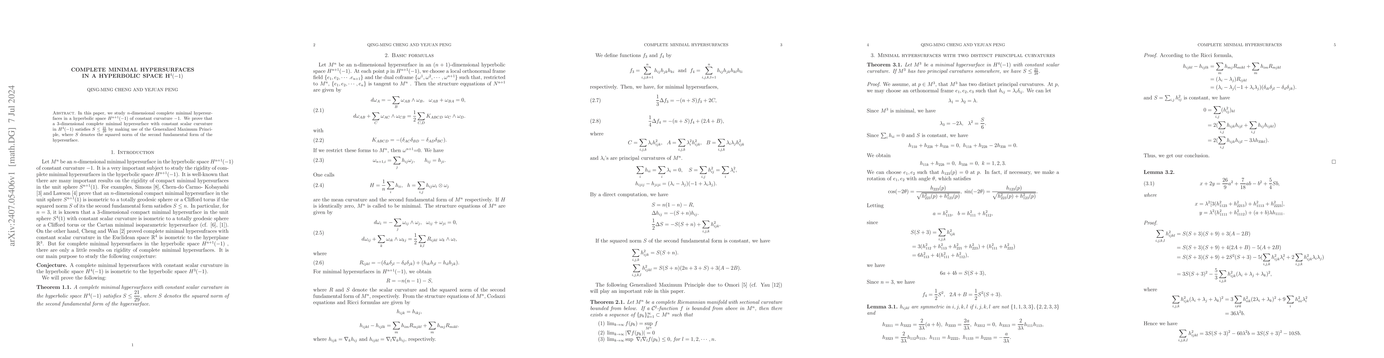 Thumbnail for Complete minimal hypersurfaces in a hyperbolic space $H^{4}(-1)$