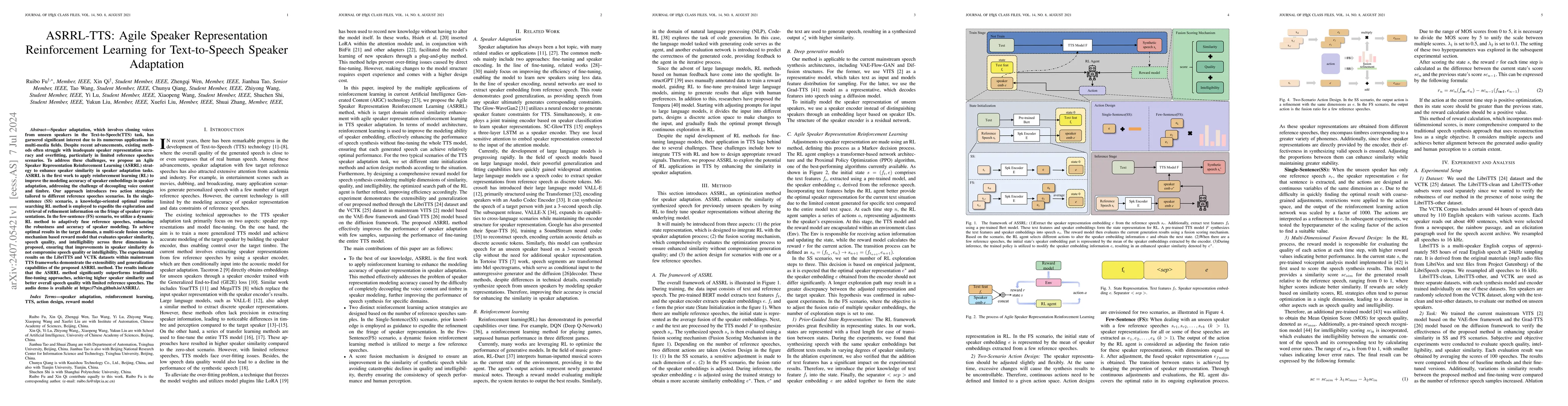 Thumbnail for ASRRL-TTS: Agile Speaker Representation Reinforcement Learning for
  Text-to-Speech Speaker Adaptation