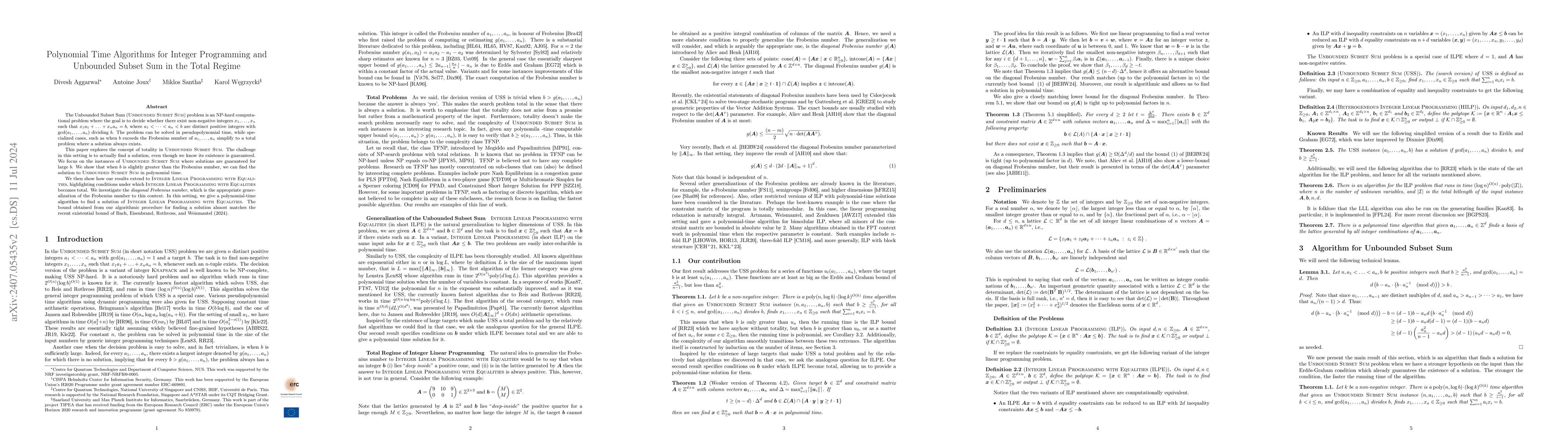 Thumbnail for Polynomial Time Algorithms for Integer Programming and Unbounded Subset
  Sum in the Total Regime