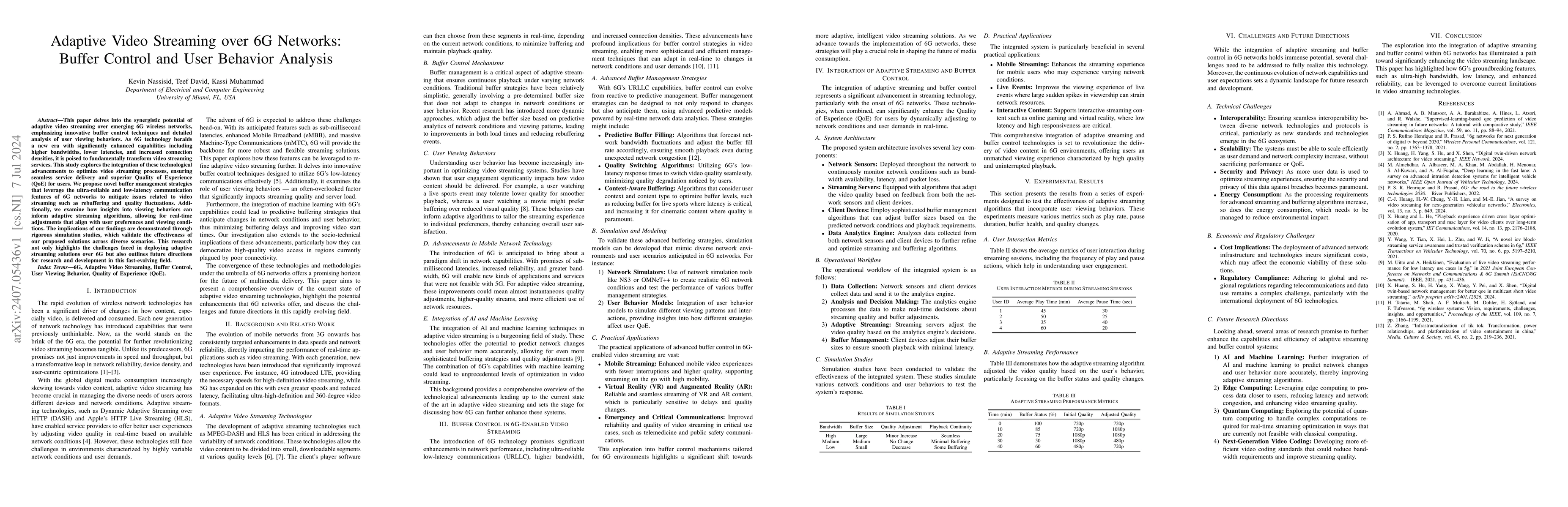 Thumbnail for Adaptive Video Streaming over 6G Networks: Buffer Control and User
  Behavior Analysis