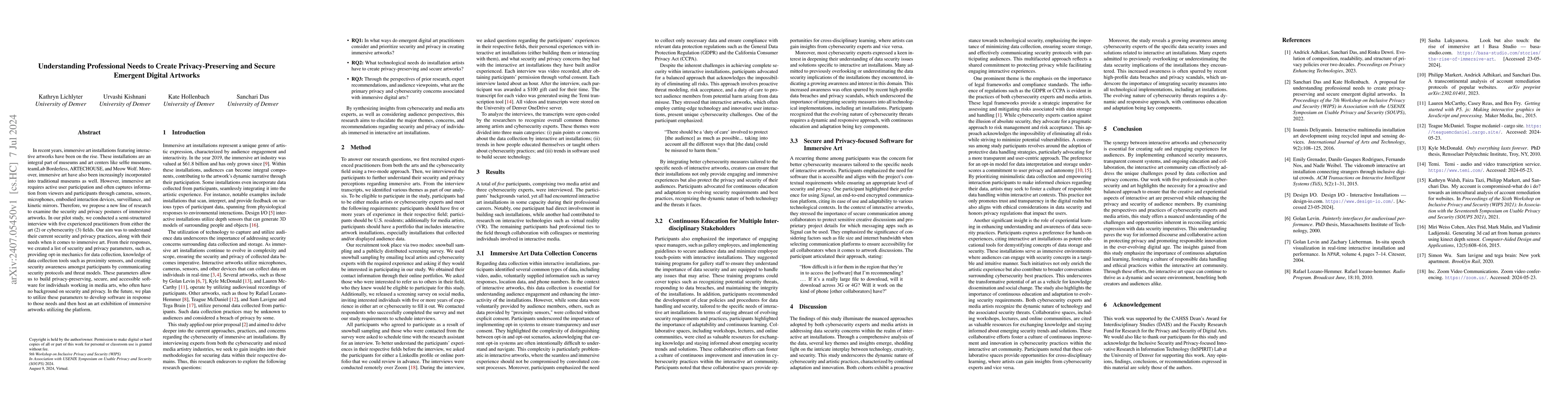 Thumbnail for Understanding Professional Needs to Create Privacy-Preserving and Secure
  Emergent Digital Artworks