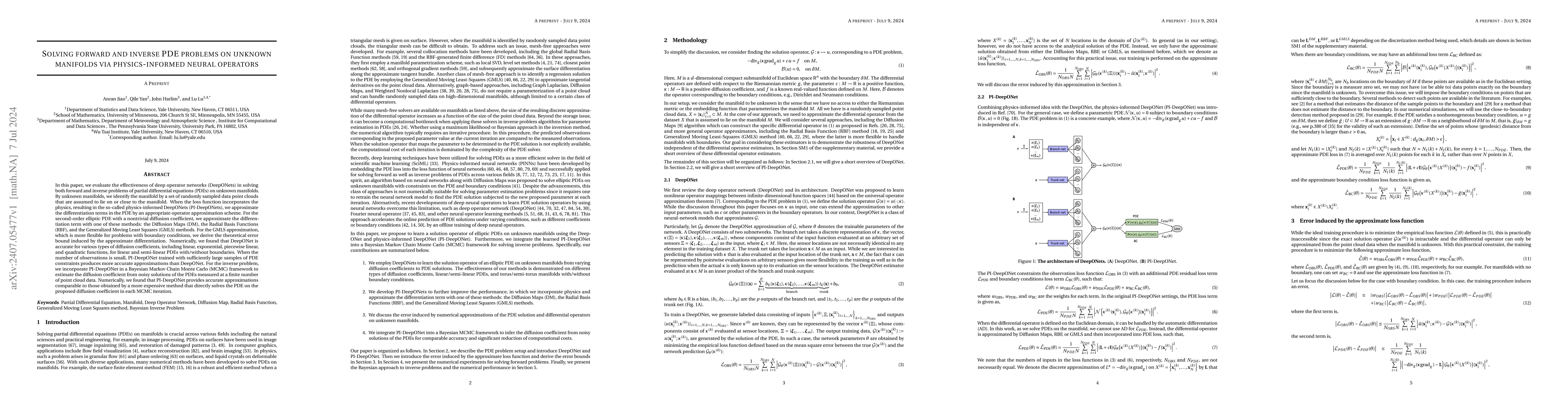 Thumbnail for Solving forward and inverse PDE problems on unknown manifolds via
  physics-informed neural operators