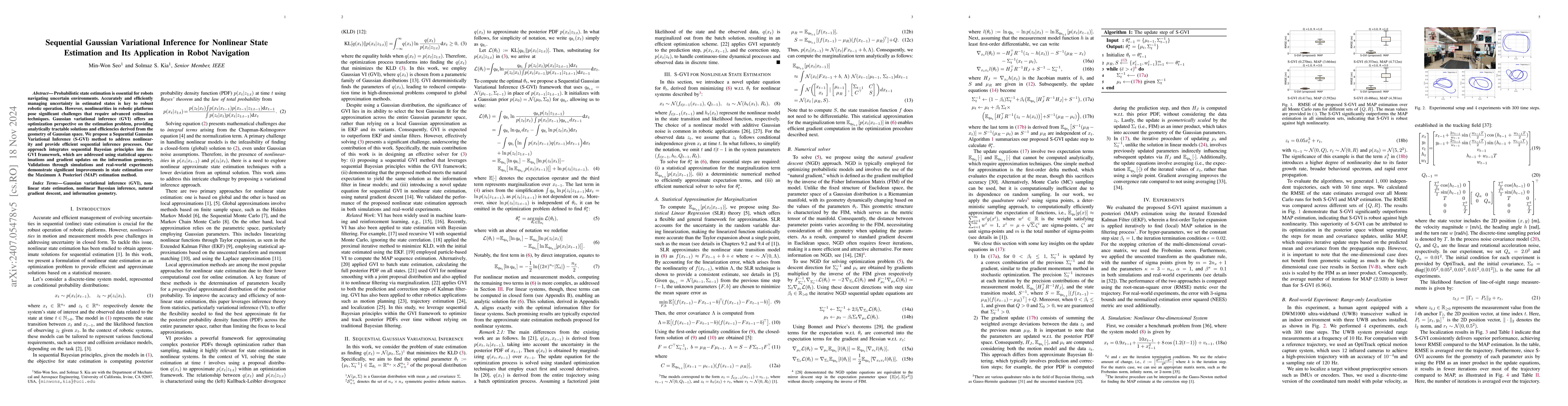 Thumbnail for Sequential Gaussian Variational Inference for Nonlinear State Estimation
  and Its Application in Robot Navigation