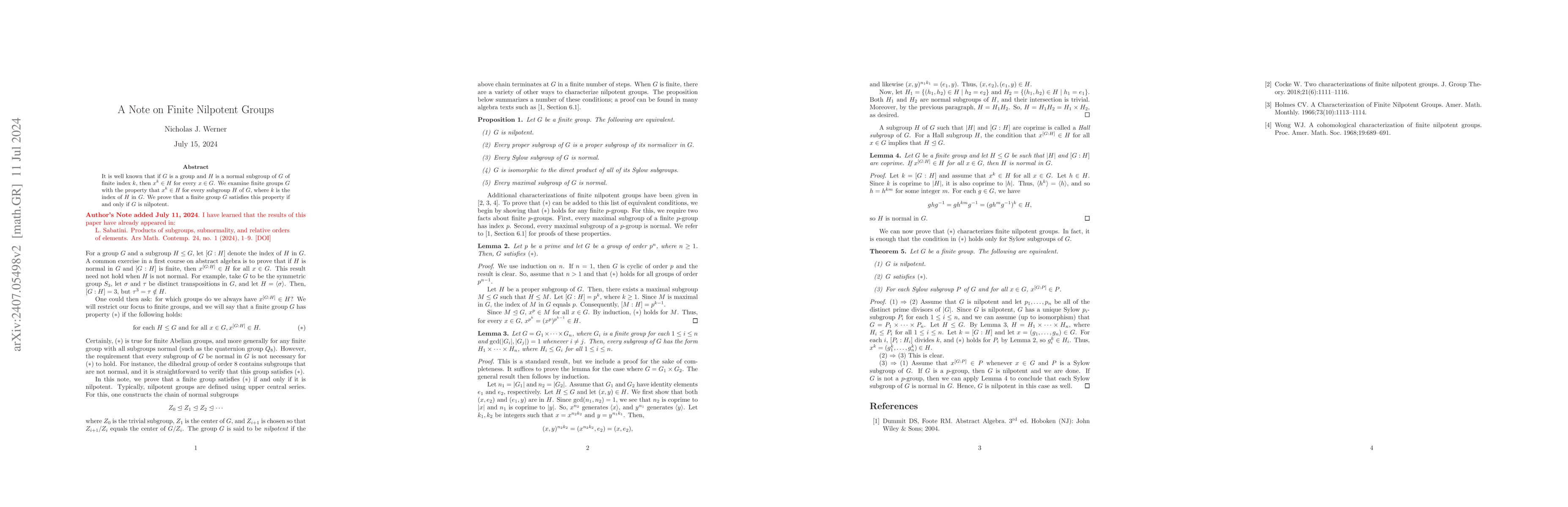 Thumbnail for A Note on Finite Nilpotent Groups