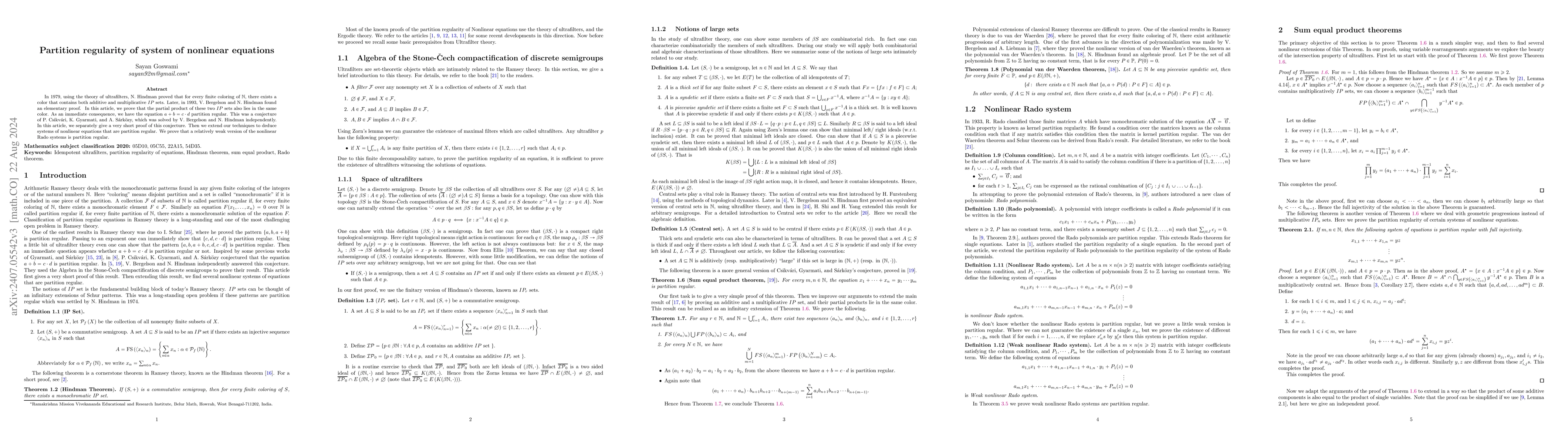 Thumbnail for Partition regularity of system of nonlinear equations