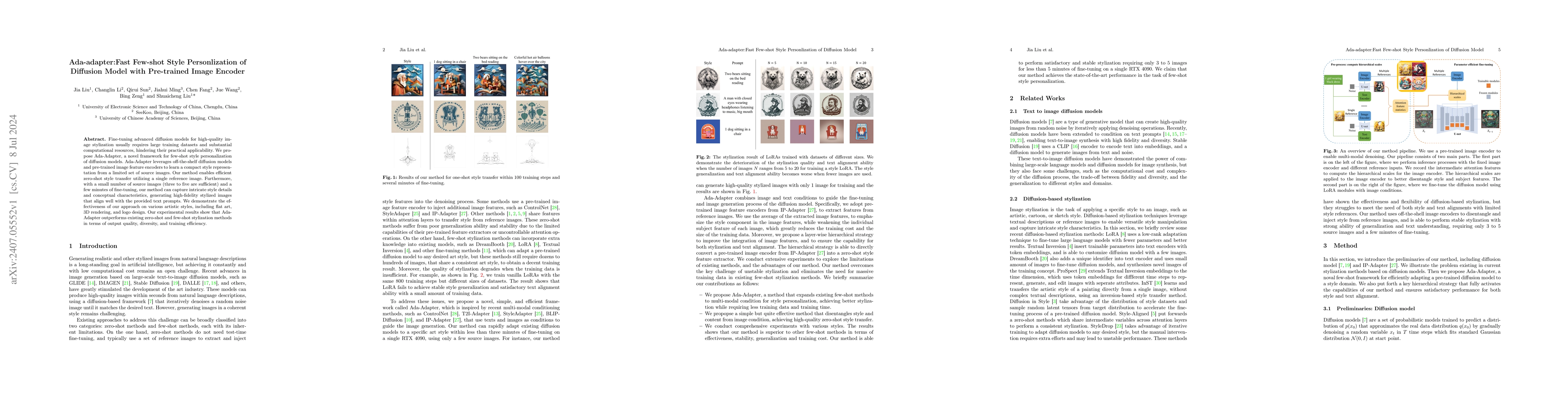 Thumbnail for Ada-adapter:Fast Few-shot Style Personlization of Diffusion Model with
  Pre-trained Image Encoder