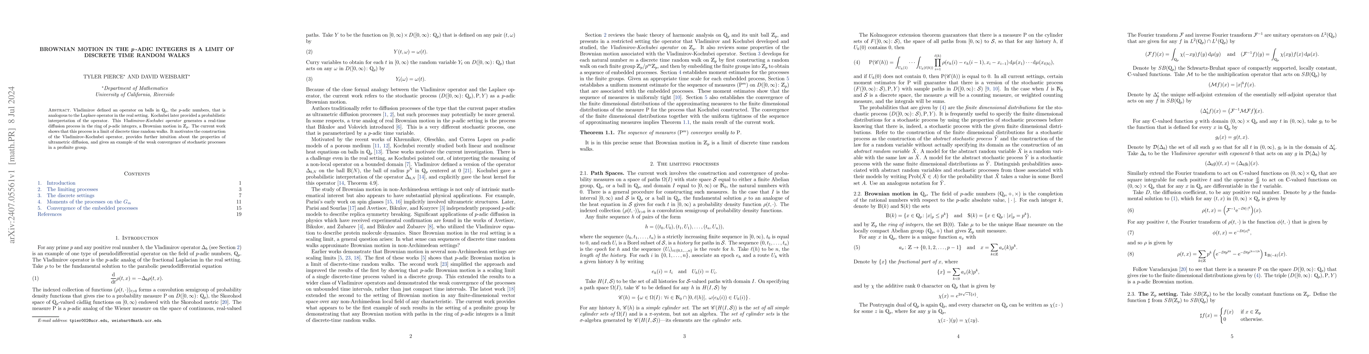 Thumbnail for Brownian Motion in the $p$-Adic Integers is a Limit of Discrete Time
  Random Walks