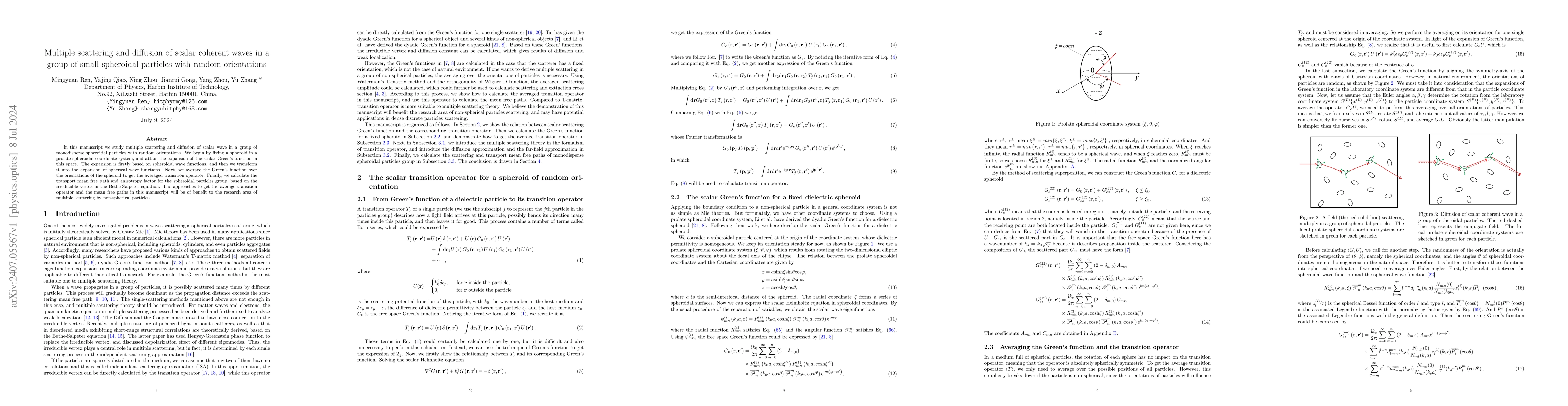 Thumbnail for Multiple scattering and diffusion of scalar coherent waves in a group of
  small spheroidal particles with random orientations