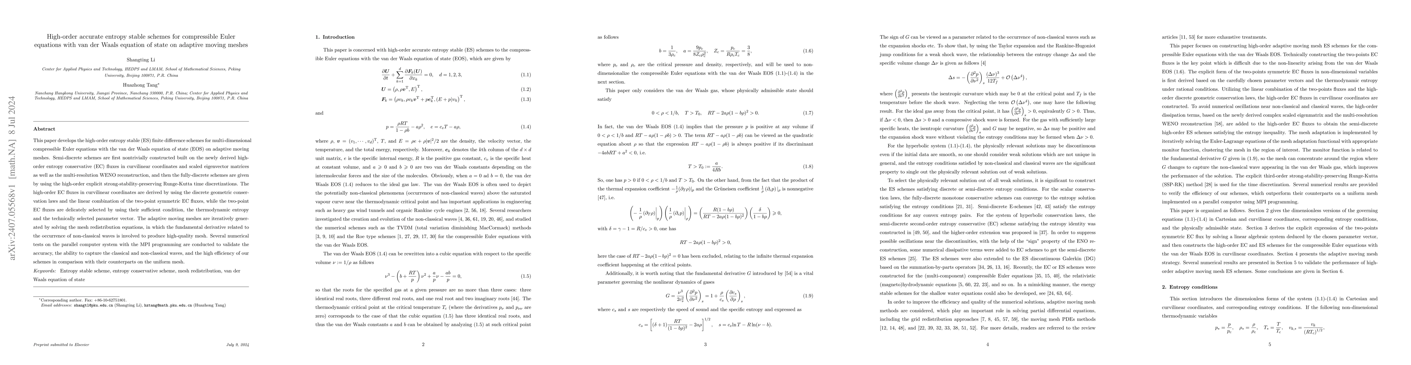 Thumbnail for High-order accurate entropy stable schemes for compressible Euler
  equations with van der Waals equation of state on adaptive moving meshes