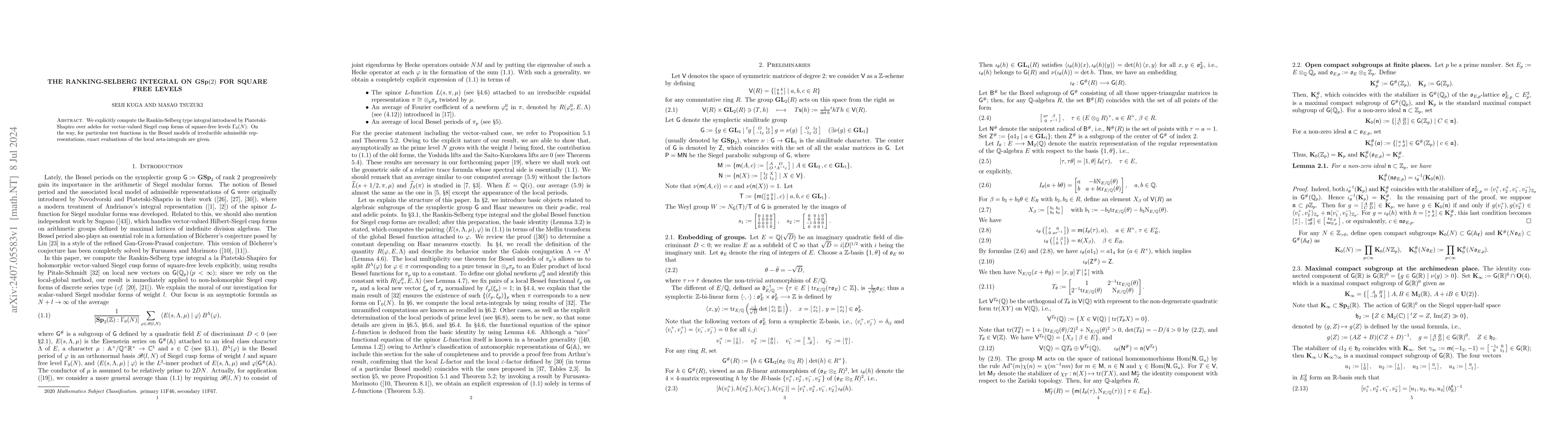 Thumbnail for The Ranking-Selberg integral on ${\bf GSp(2)}$ for square free levels